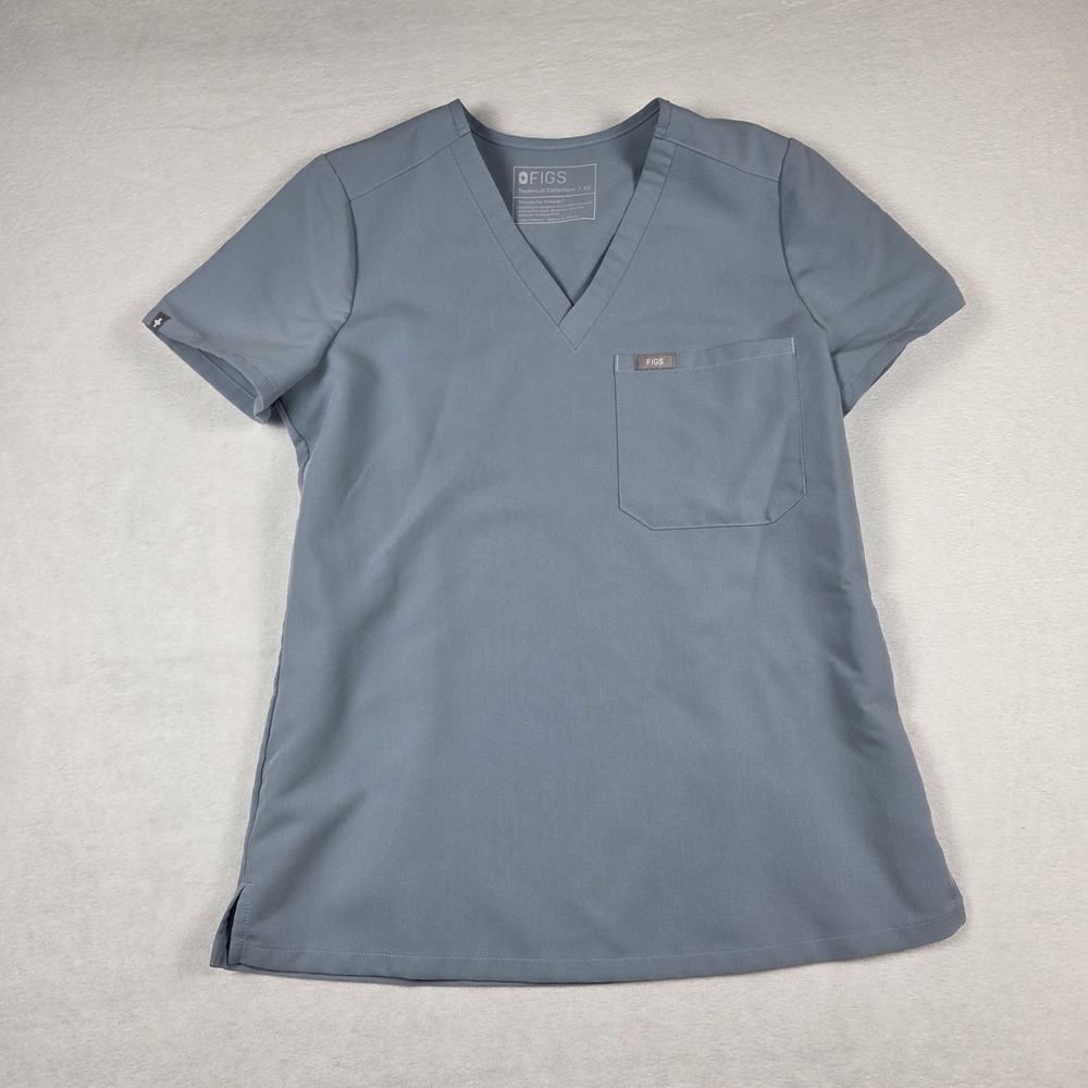 Figs Catarina  Women's XS‎ Scrub Top Blue Gray Pocket Stretch V Neck Medical